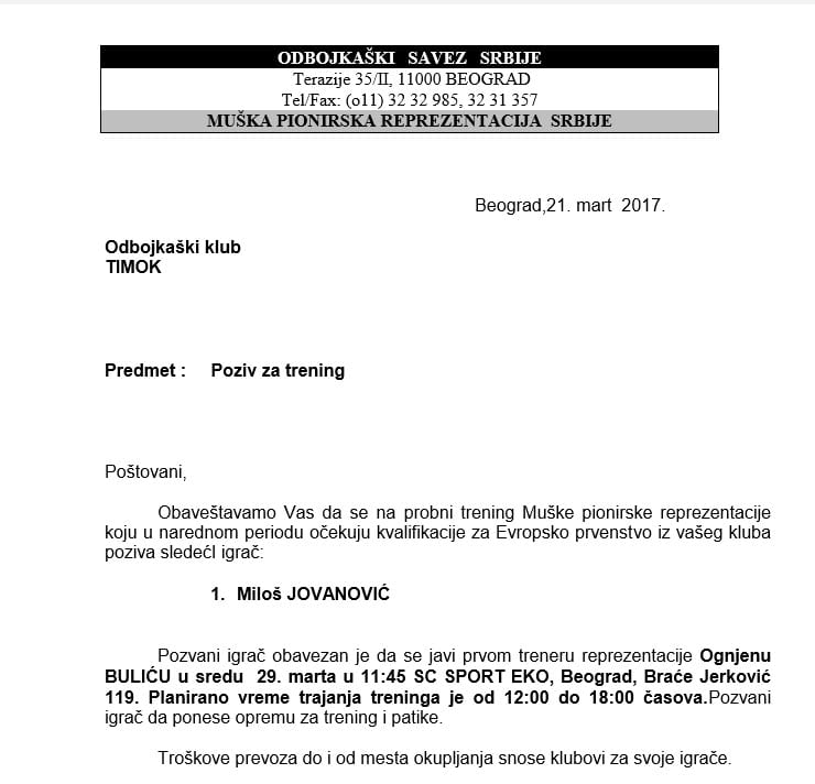 poziv odbojka Miloš