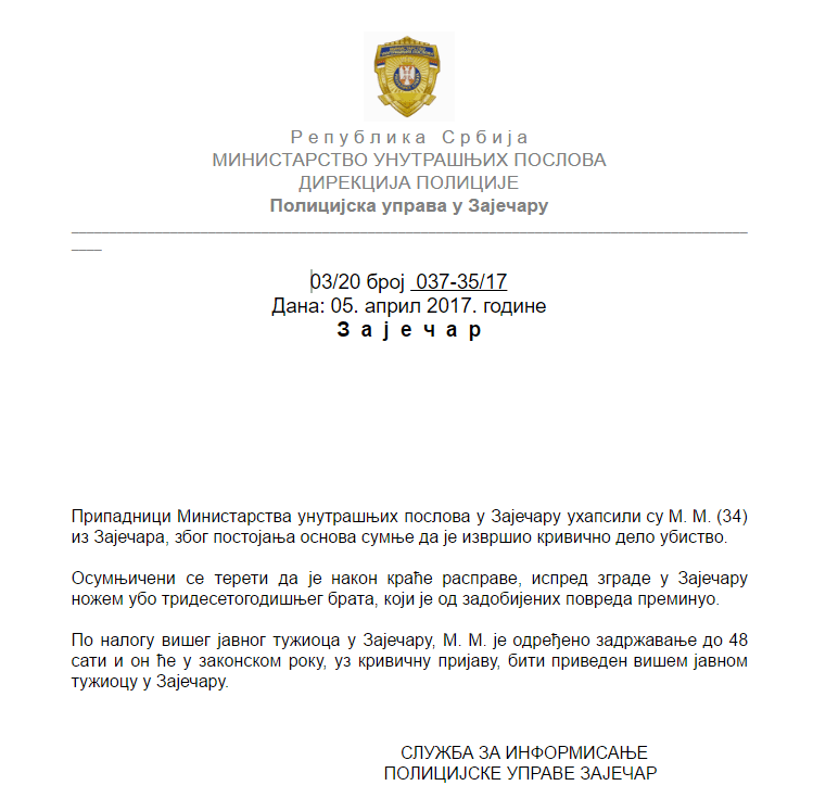 ubistvo u zaječaru saopštenje